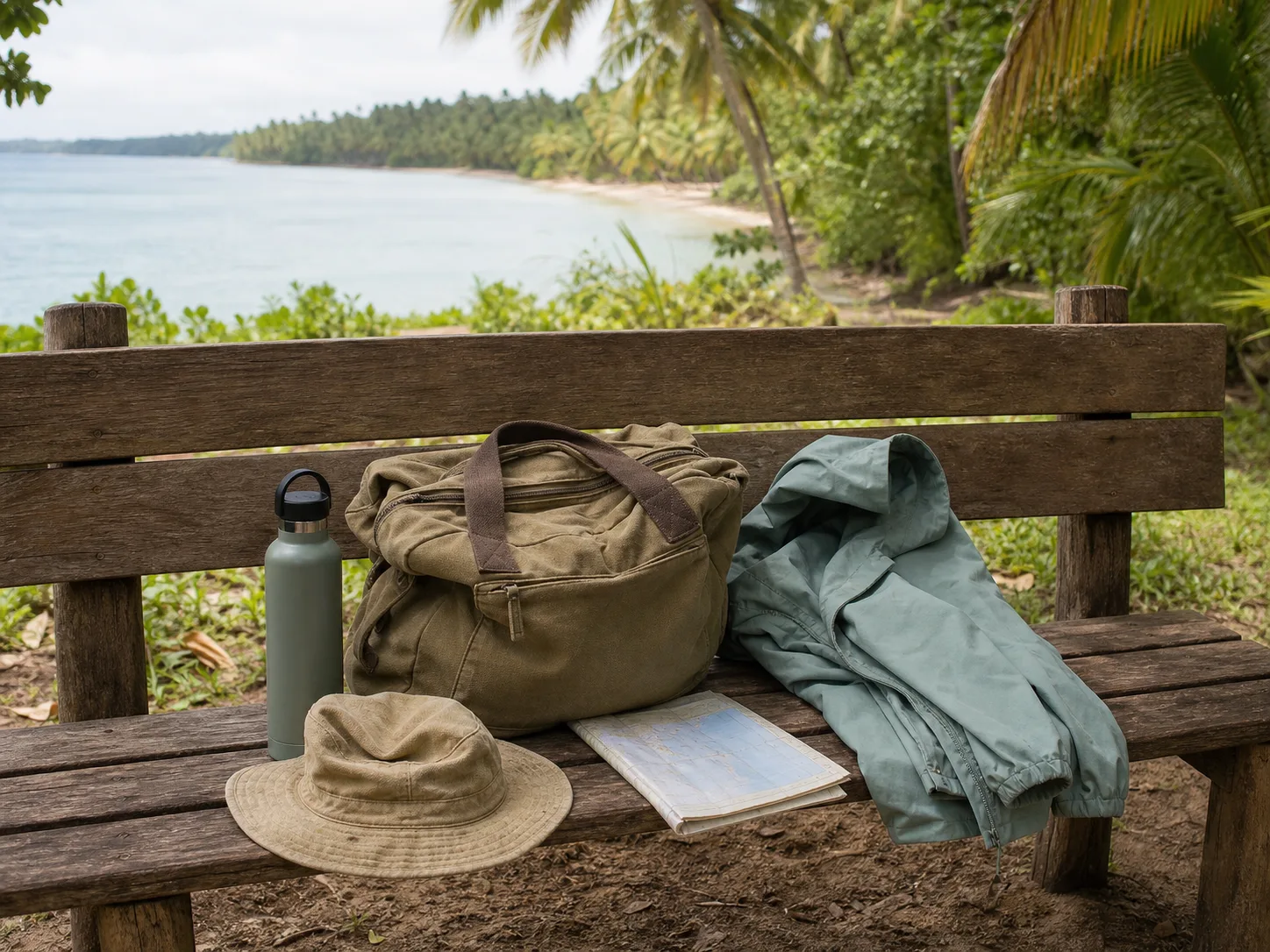 Sac de journée, gourde, veste légère et chapeau préparés sur un banc