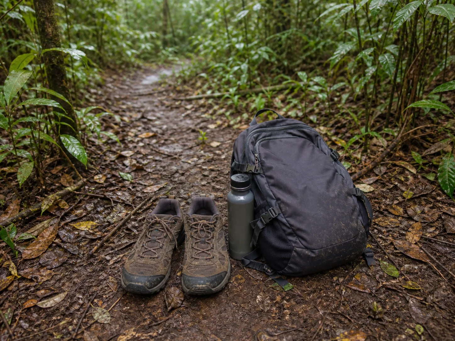 Chaussures de marche et sac imperméable posés au départ d’un sentier humide