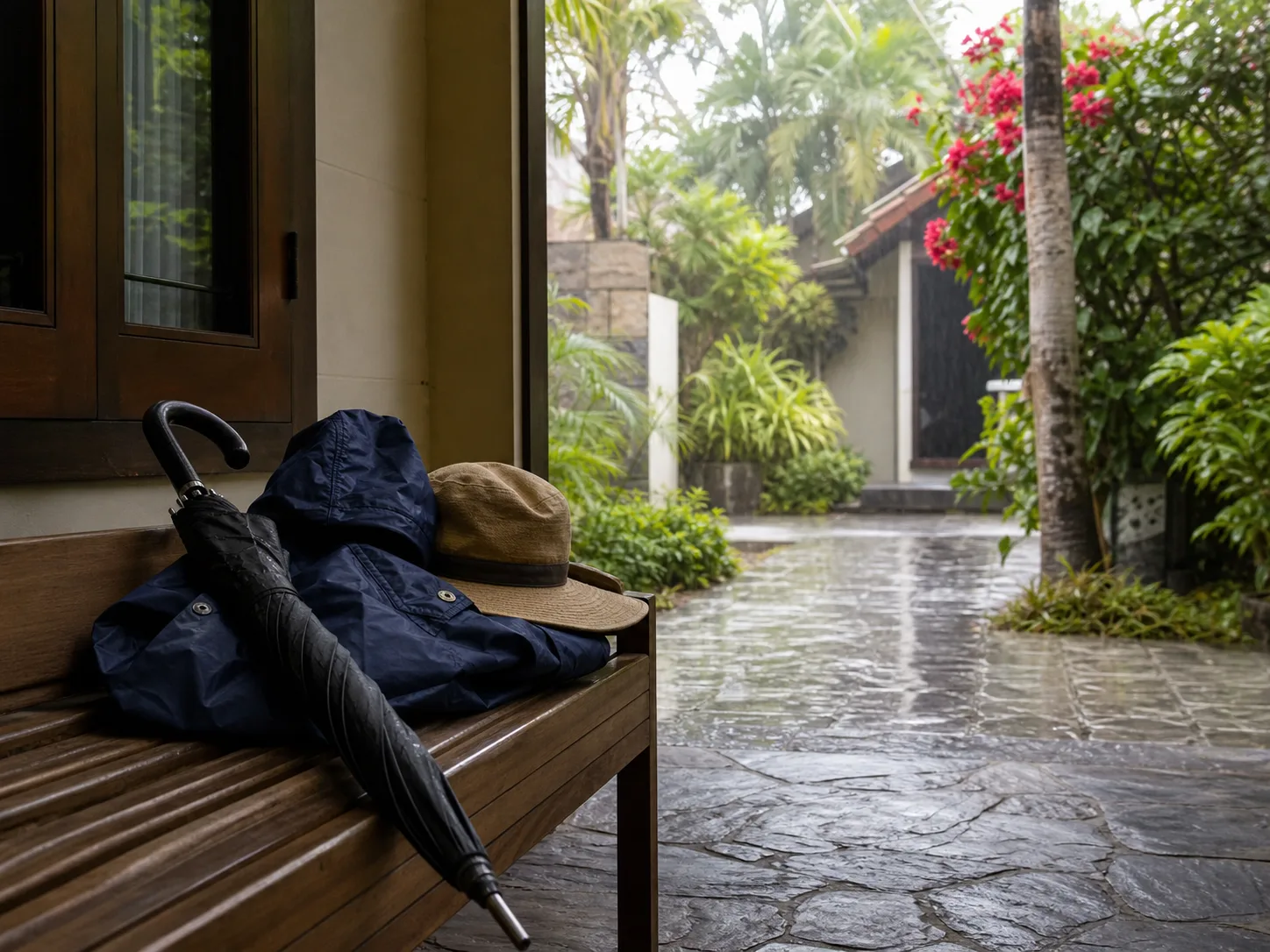 Parapluie et veste légère préparés pour une averse tropicale