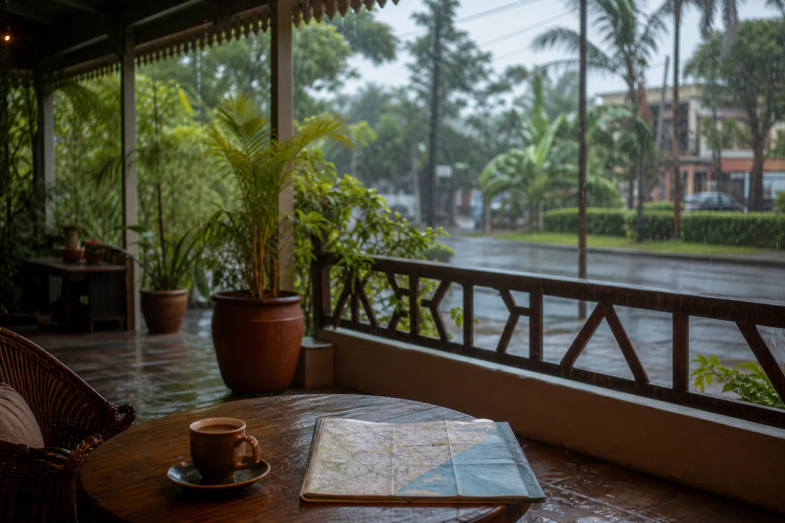 Terrasse couverte donnant sur une rue de Toamasina sous la pluie