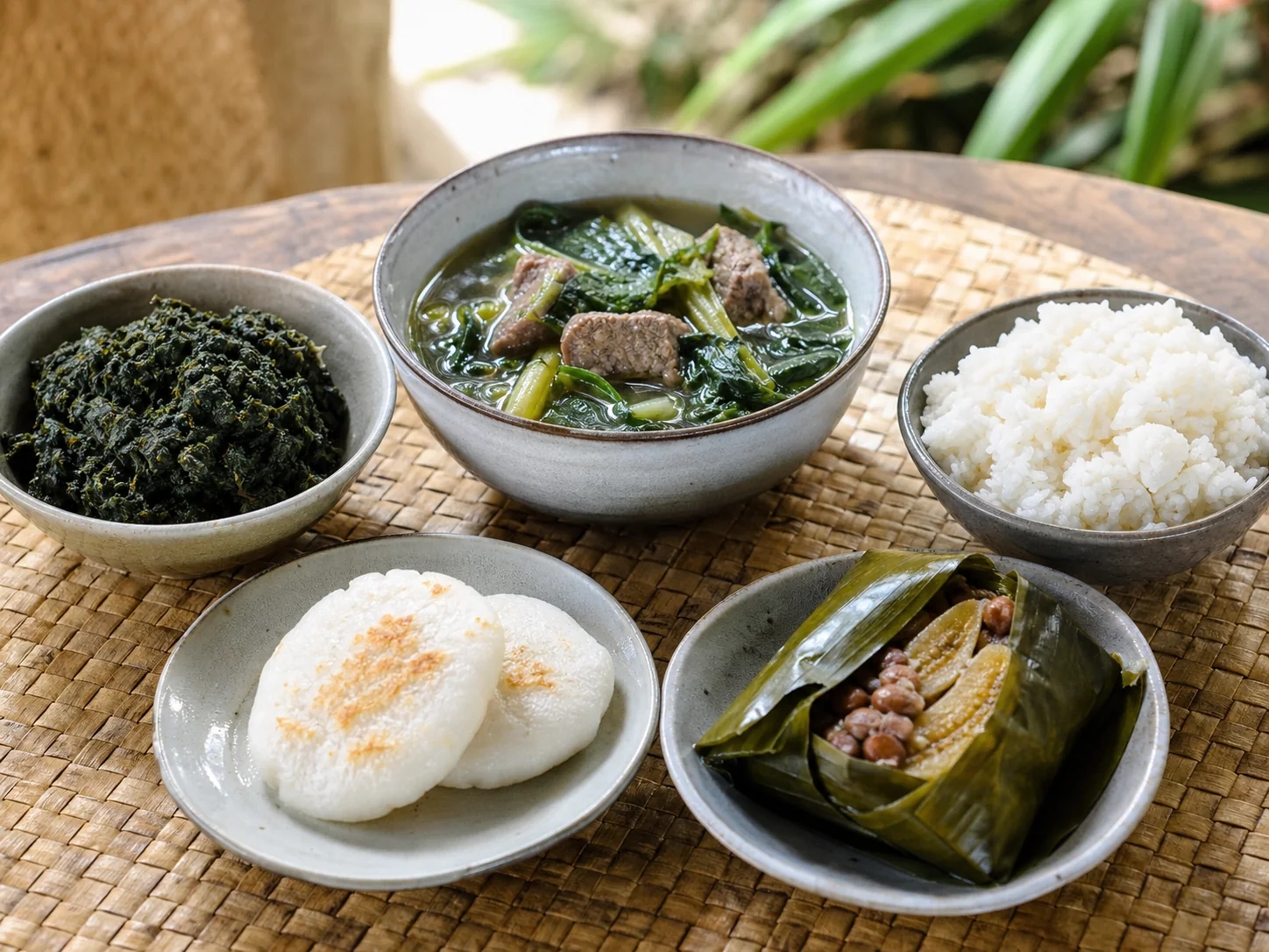 Sélection de plats malgaches avec riz, bouillon aux brèdes et feuilles de manioc